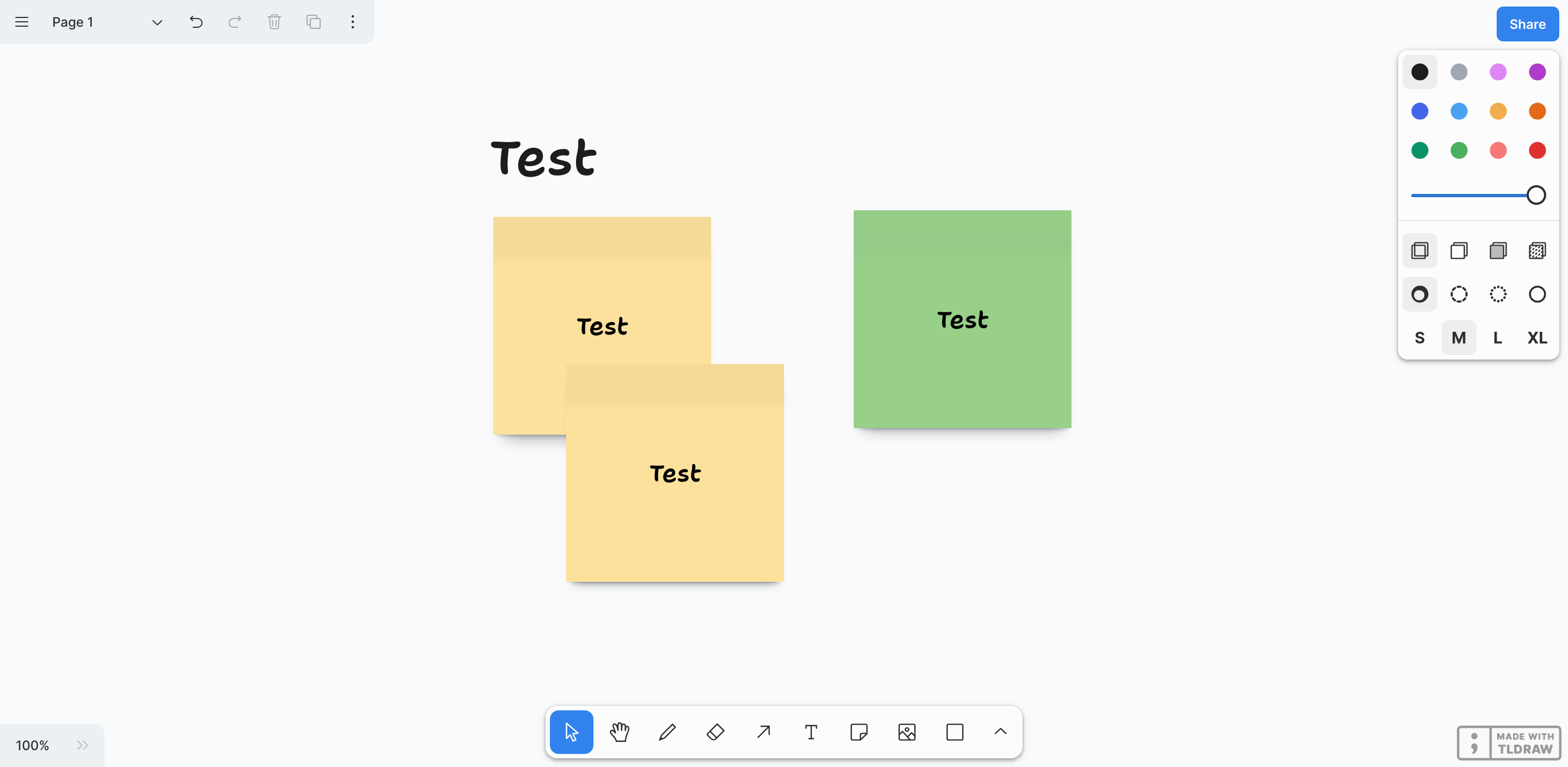 Test de tldraw avec des rectangles utilisés comme post-its.