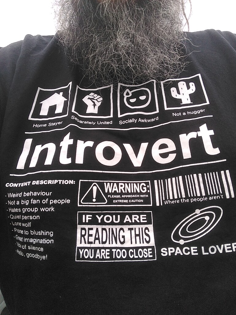 Plan serré sur l'imprimé d'un t-shirt sur lequel est écrit en grand «Introvert» et figurent plusieurs illustrations et textes sur le thème de la distance sociale, l'agoraphobie, etc.